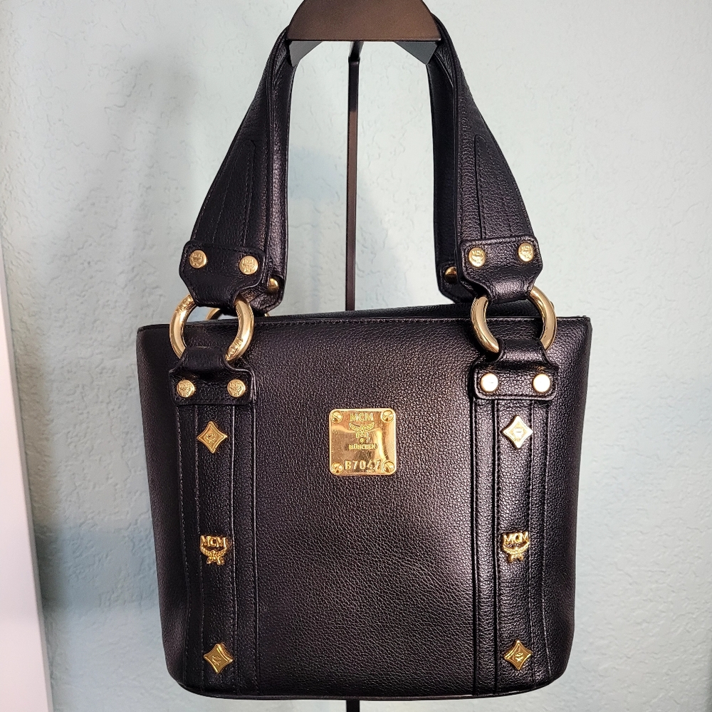 Authentic MCM Mini Leather Handbag with gold studs, vintage